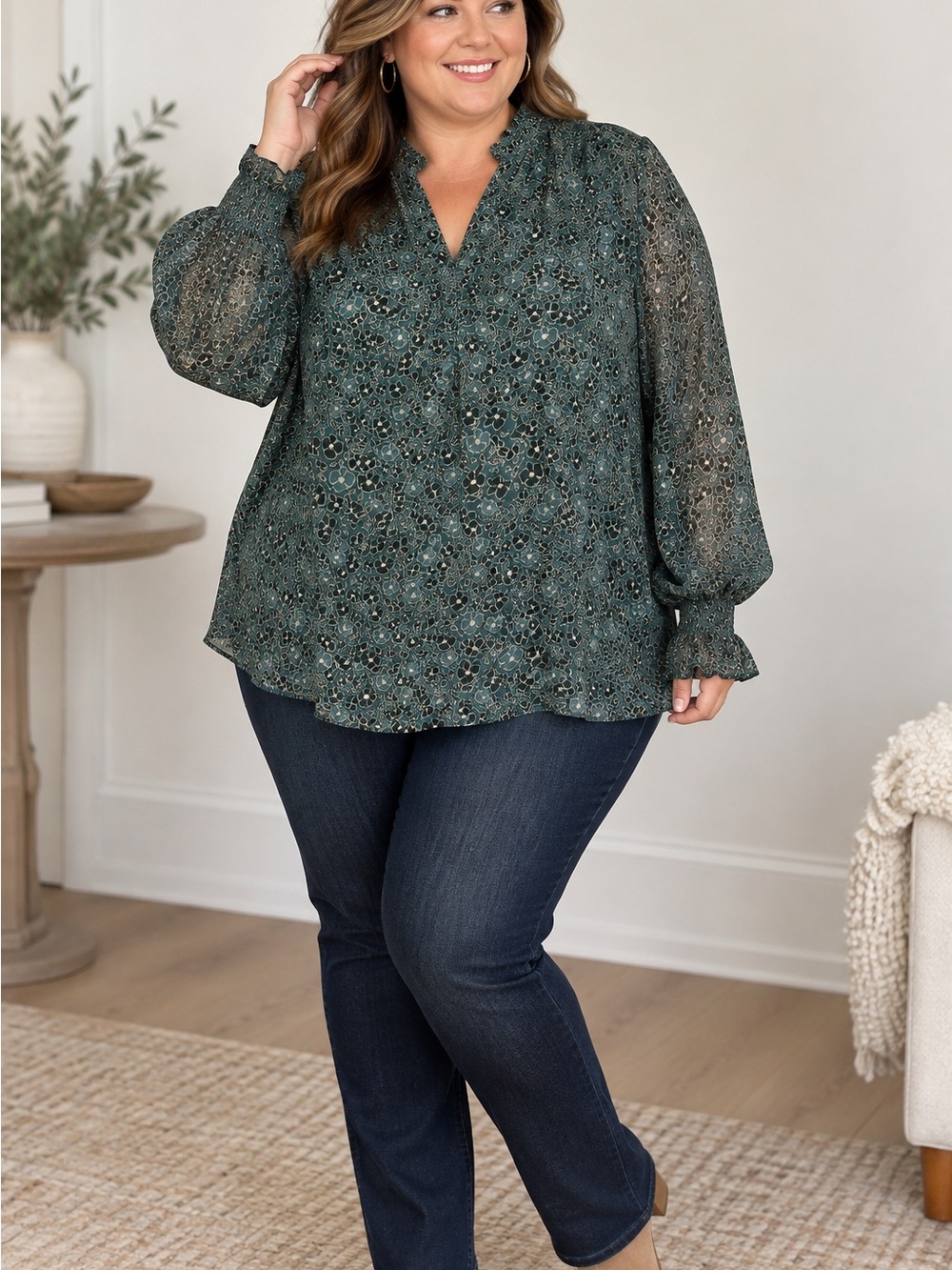 Lane Bryant Forest Green Floral Split-Neck Blouse